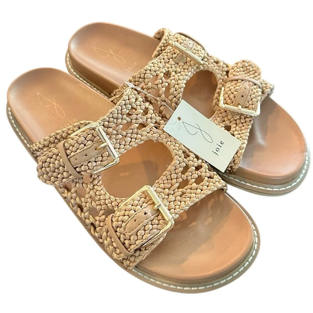 Joie Weaver Tan Beige Woven Open Weave Braided Buckle Sandals Slides 10 NWT BOX - Picture 2 of 6